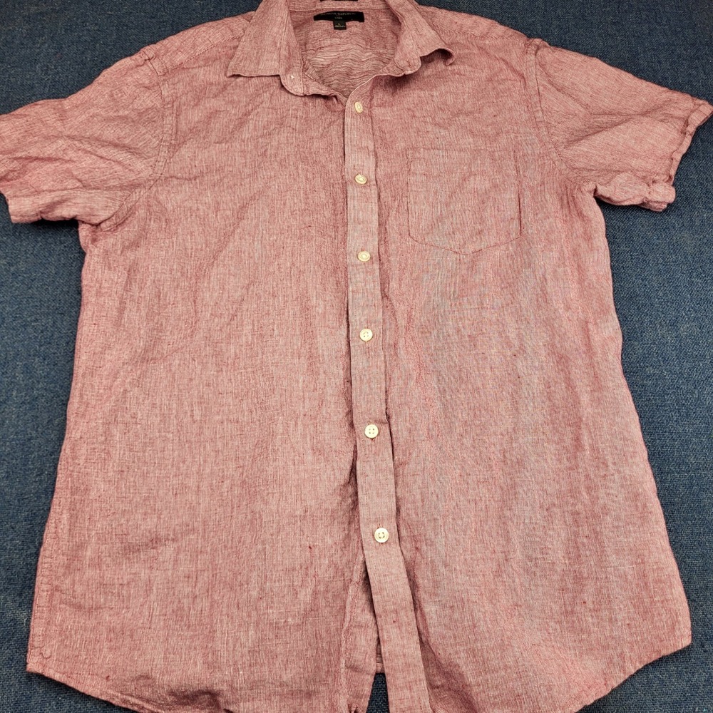 Banana Republic Mens Red Linen Blend Slim Fit Short Sleeve Button Down Shirt L